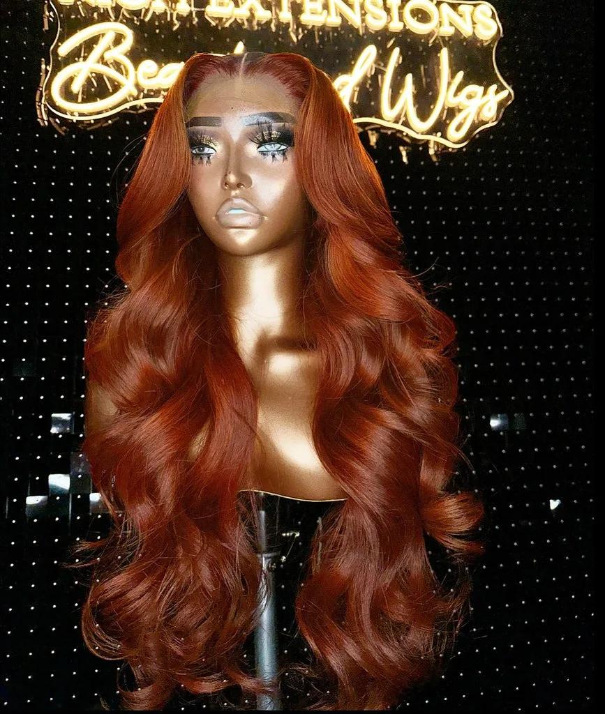 Perruque Lace Front Wig Body Wave naturelle, cheveux roux, brun foncé, 13x6 HD, 13x4, pre-plucked, e