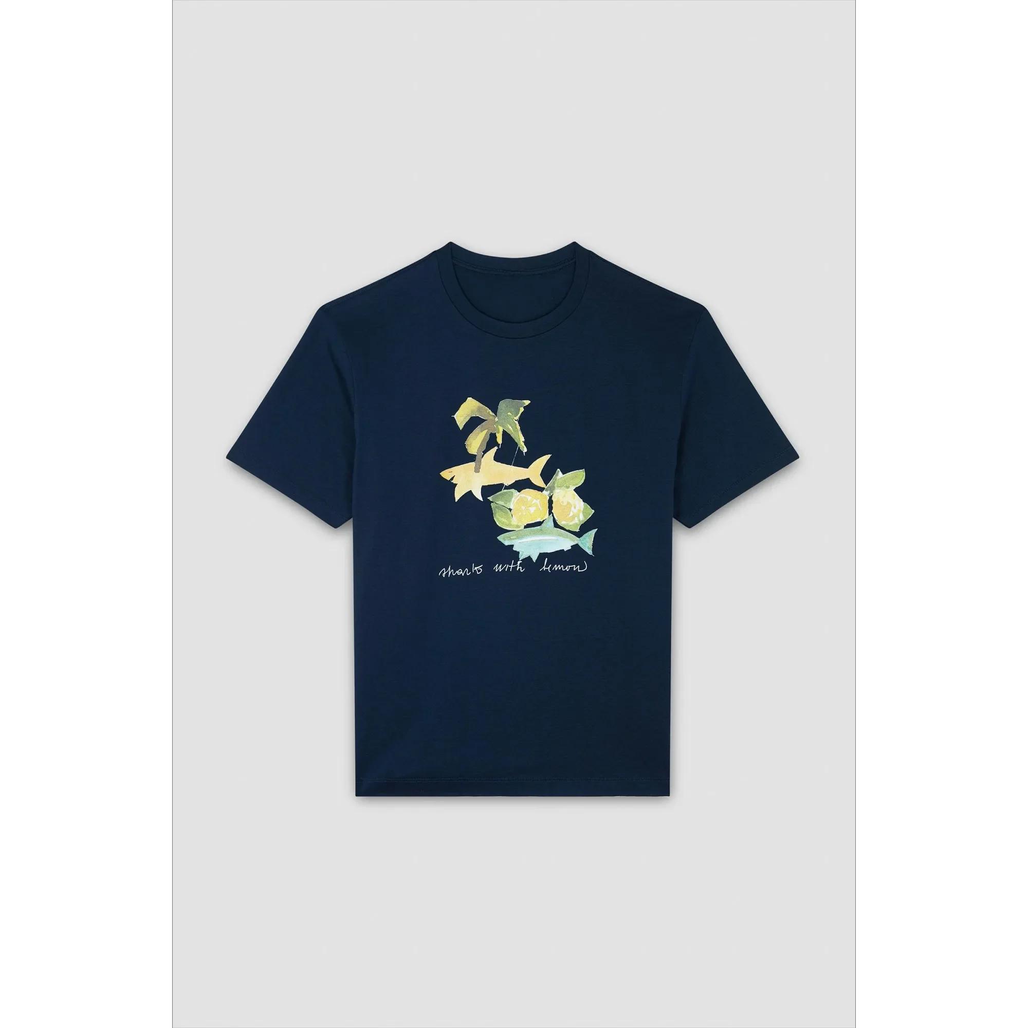 T-shirt d'été en pur coton pour hommes, décontracté, ample, imprimé requin, sport, col rond, manches
