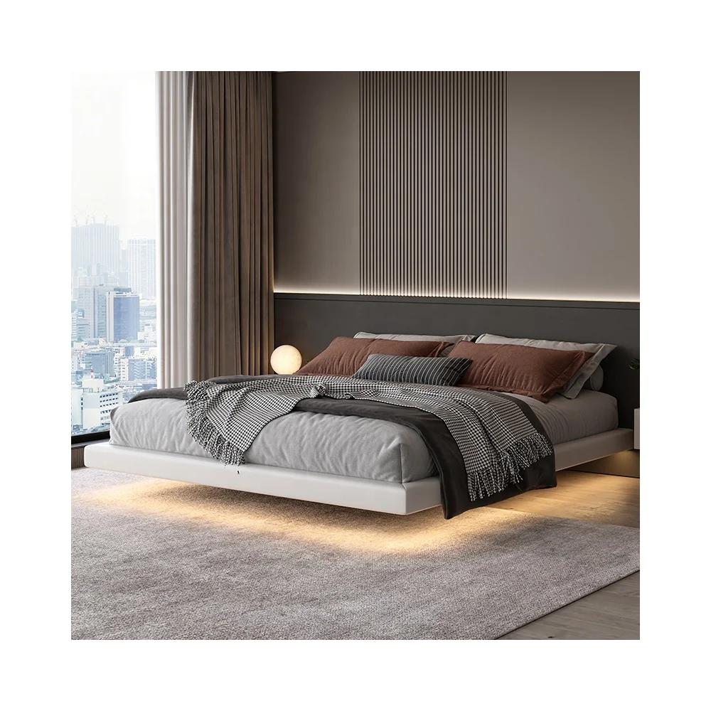 Lit flottant rembourré sans tête de lit, Base de lit d'hôtel en cuir synthétique, cadre de lit Doubl