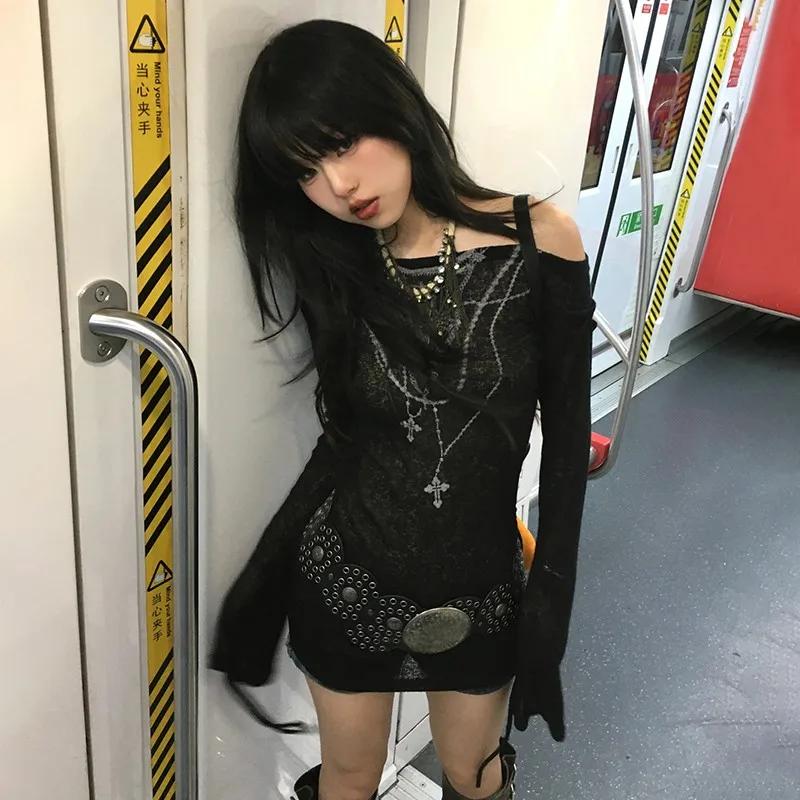 Karrram japonais Y2k hauts tricotés Grunge tatouage imprimé T-shirt à manches longues côtelé Vintage