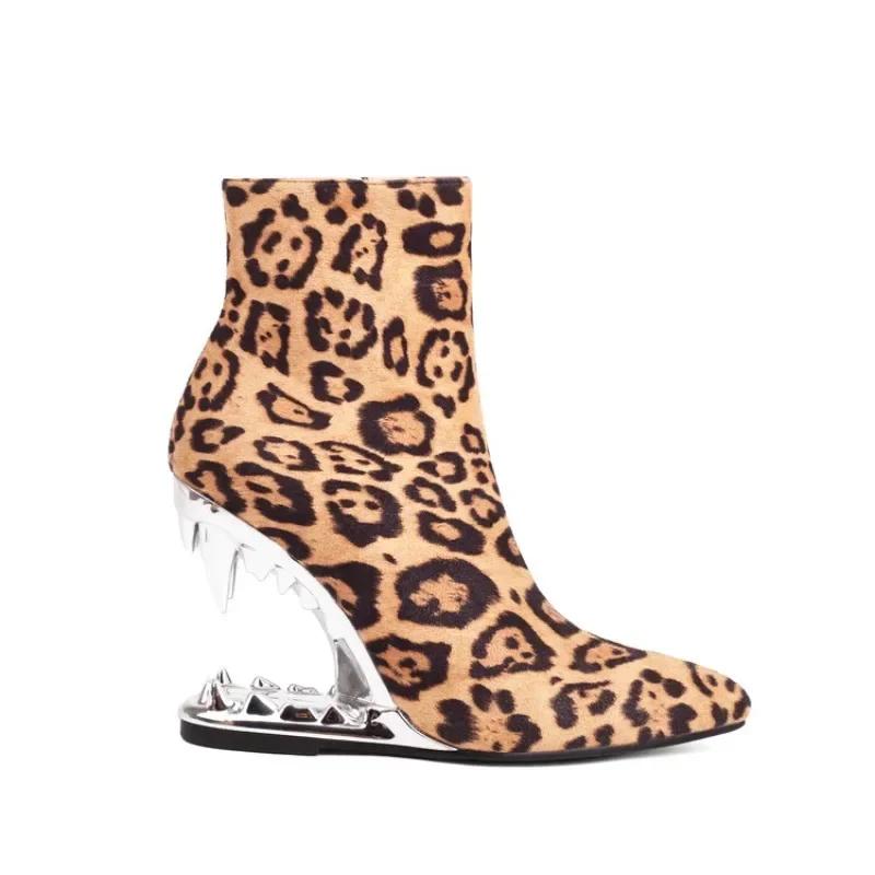 Bottes courtes en cuir à motif zèbre pour femmes, talon de dents de loup, pointu, motif léopard, cél