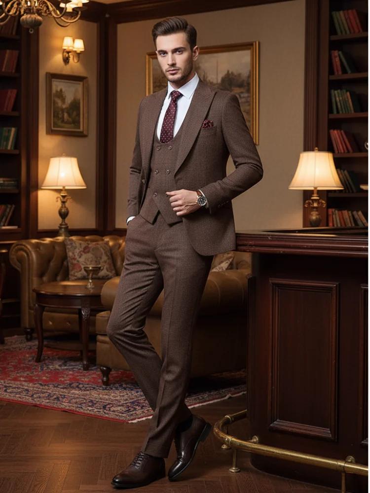 ST Cassy haute qualité hommes costume marron 3 pièces ensemble coupe ajustée mâle marié mariage Blaz
