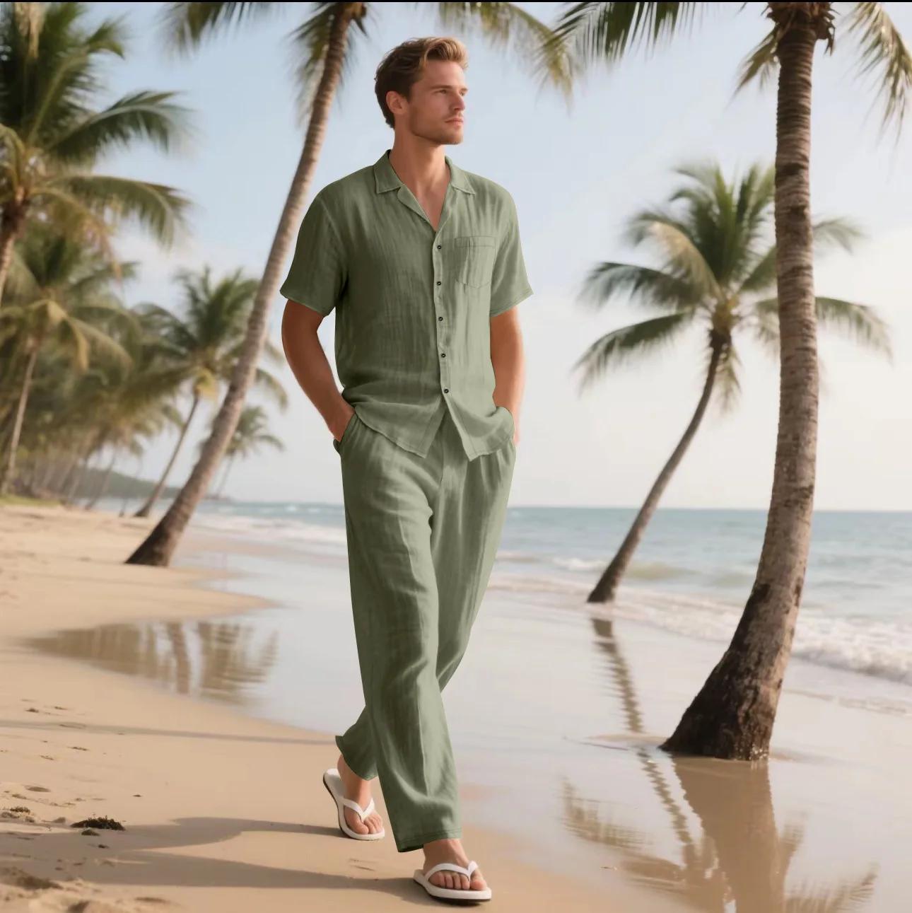 Ensemble deux pièces décontracté en coton et lin pour hommes, chemises et pantalons de base Vintage 