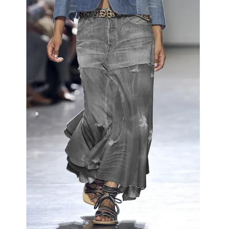 Jupe longue en jean Denim pour femme, agreLENMOS, vintage, adt, slim fit, bleu, club, streetwear, co