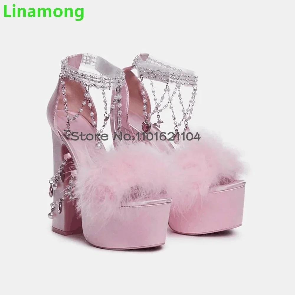 Sandales en cristal de fourrure rose pour femmes, design de luxe, talon carré, plate-forme, mode élé