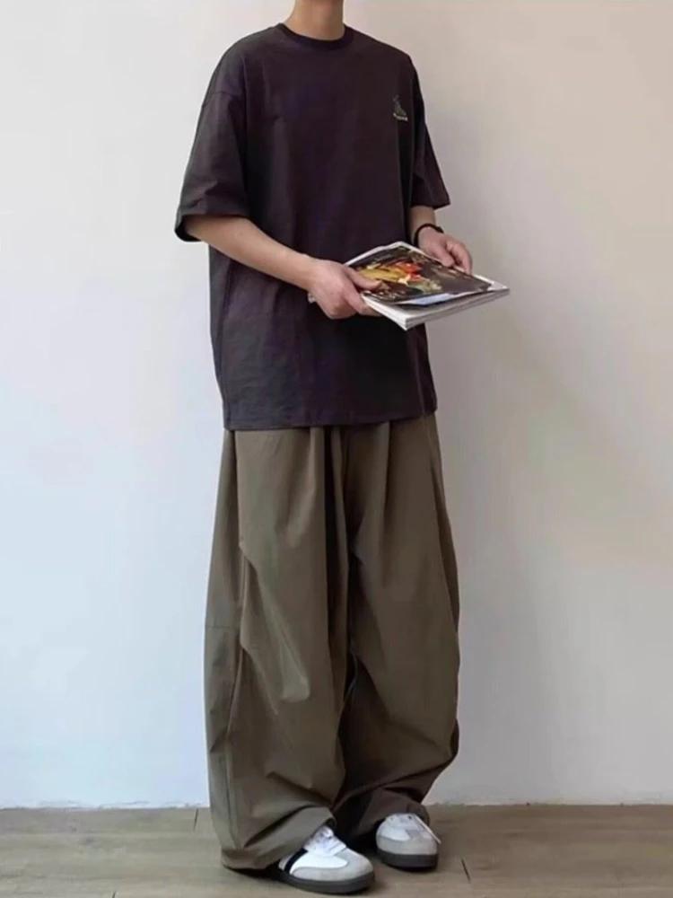 Pantalon décontracté unisexe plissé ample taille élastique coupe droite couleur unie style vintage j