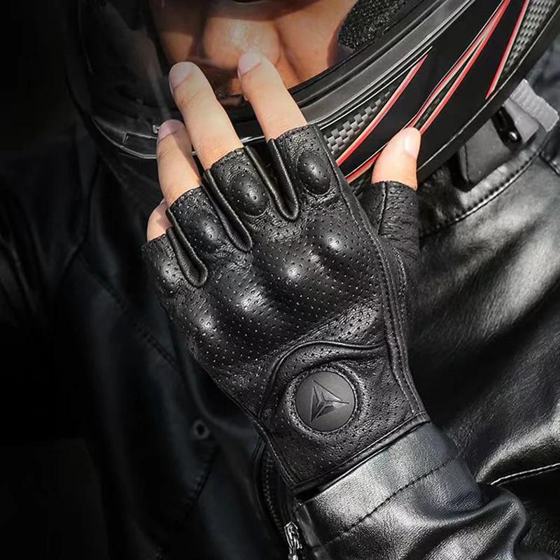 Gants de Moto d'été sans doigts, accessoires en cuir de chèvre, demi-doigt, Motocross Gant Moto Guan