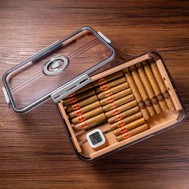 Compagnon de cigares, étagère en bois de cèdre, humidificateur de cigares transparent avec hygromètr