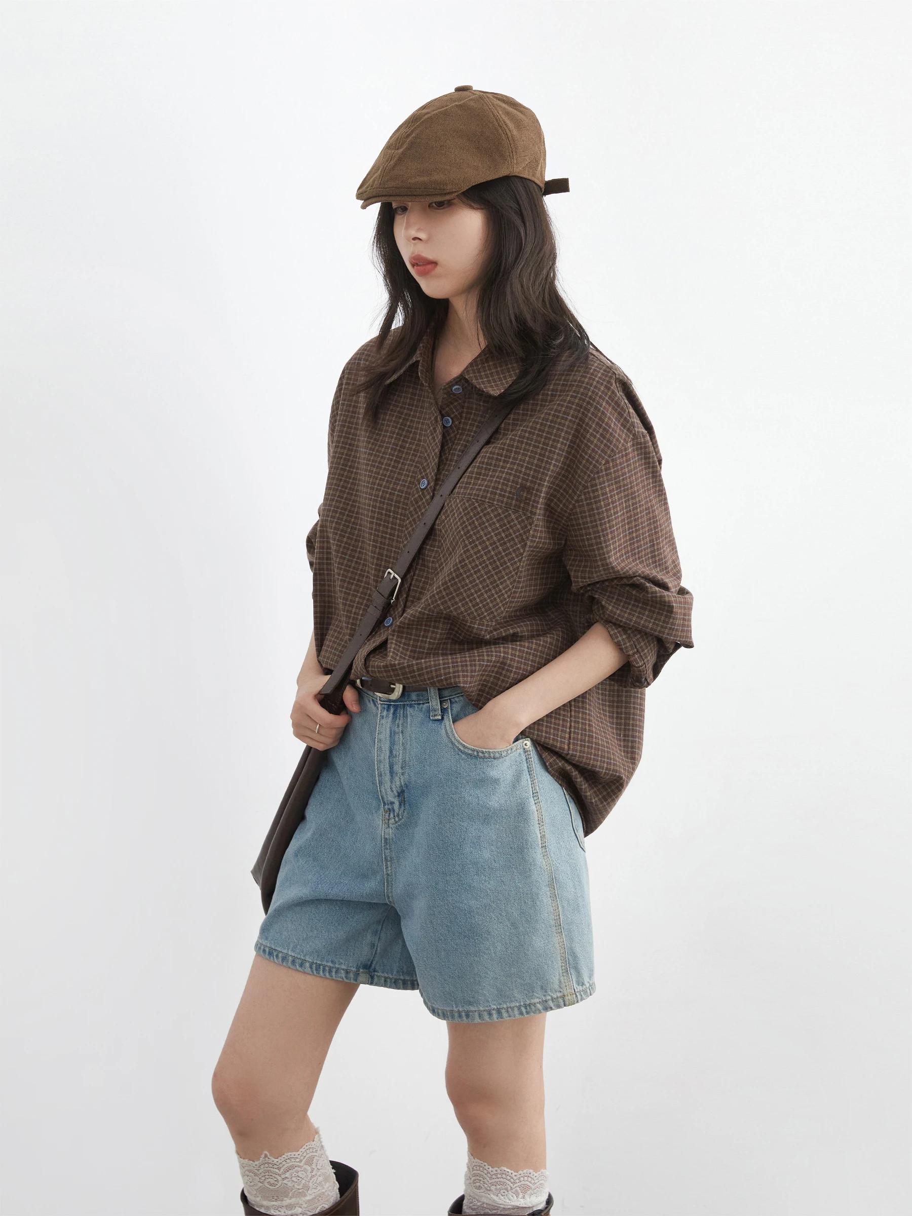 CHIC VEN femmes chemise ample décontracté simple boutonnage nouveau rétro contraste Plaid brodé Blou