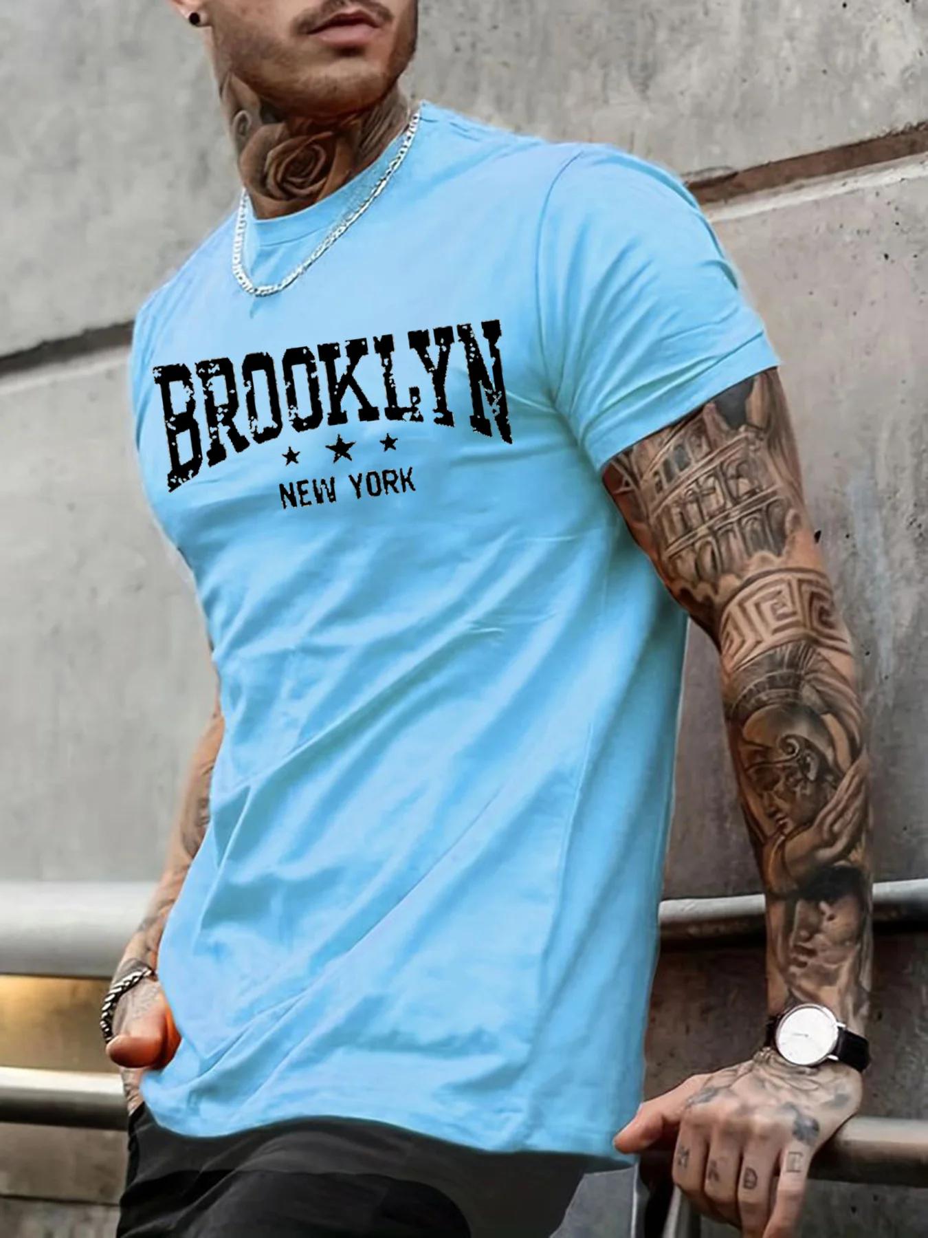 Hommes 100% pur coton été décontracté ample Brooklyn New York lettre imprimé confortable col rond à 