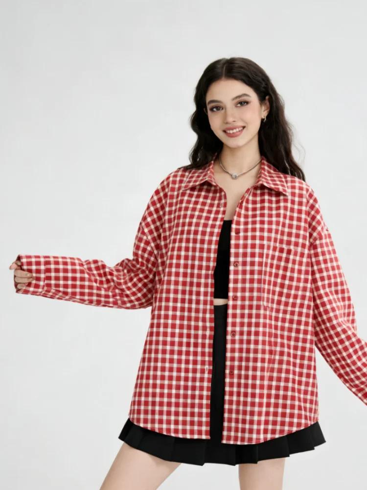 2025 Y2k automne femmes nouveau Vintage rouge Plaid col rabattu sur-chemise à manches longues Street