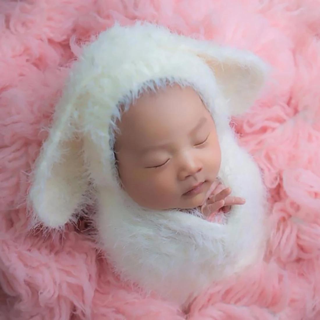 Ensemble vintage tricot bébé - Chapeau lapin et enveloppe mohair - Accessoire photo nouveau-né