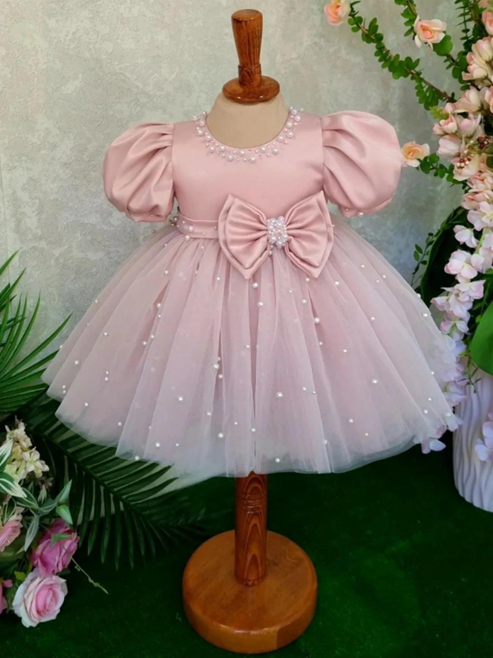 Robe rose à manches bouffantes et col rond pour fille, tenue de soirée de mariage, avec nœud brillan