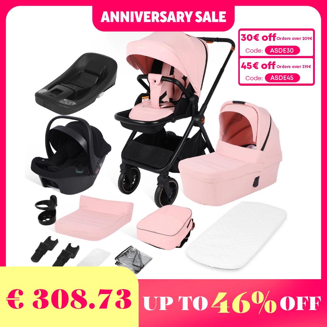 Poussette bébé 4 en 1 avec siège auto pour bébé et base ISOFIX, poussette réversible multifonctionne