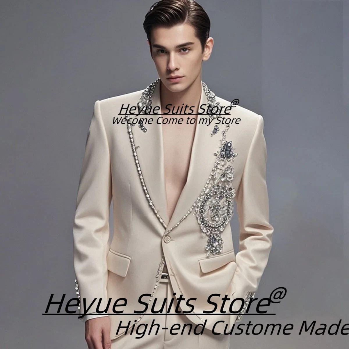 Costumes haut de gamme pour hommes, perles de strass brillantes, personnalisés, coupe cintrée, rever