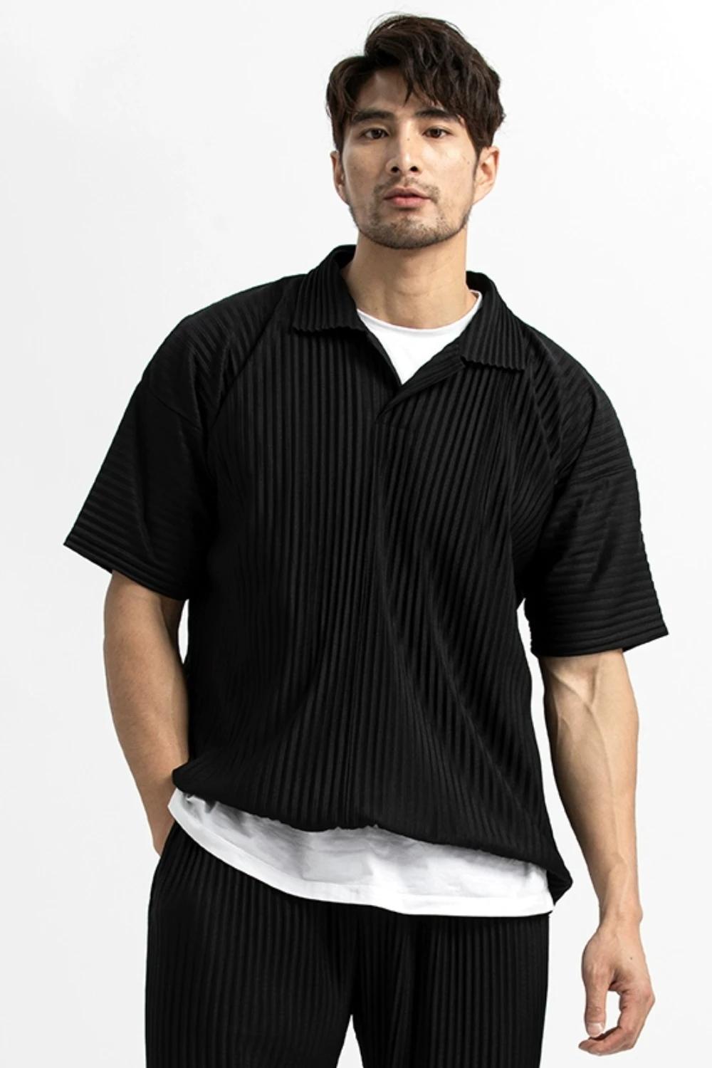 Miyake plissé hommes Polo à manches courtes revers t-shirt respirant ample décontracté plaine haut M