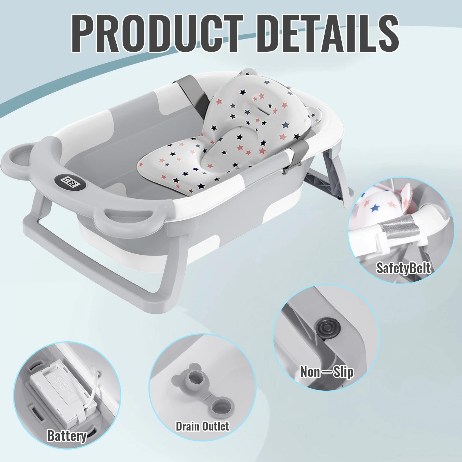 Baignoire pliable pour bébé avec thermomètre, baignoire de voyage portable avec tapis de bain doux,
