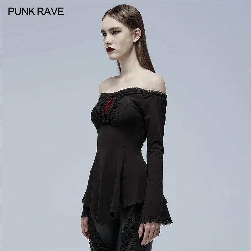 PUNK RAVE-T-shirt à manches longues gothique pour femme, col slash, ligne A, coton élastique, noir, 