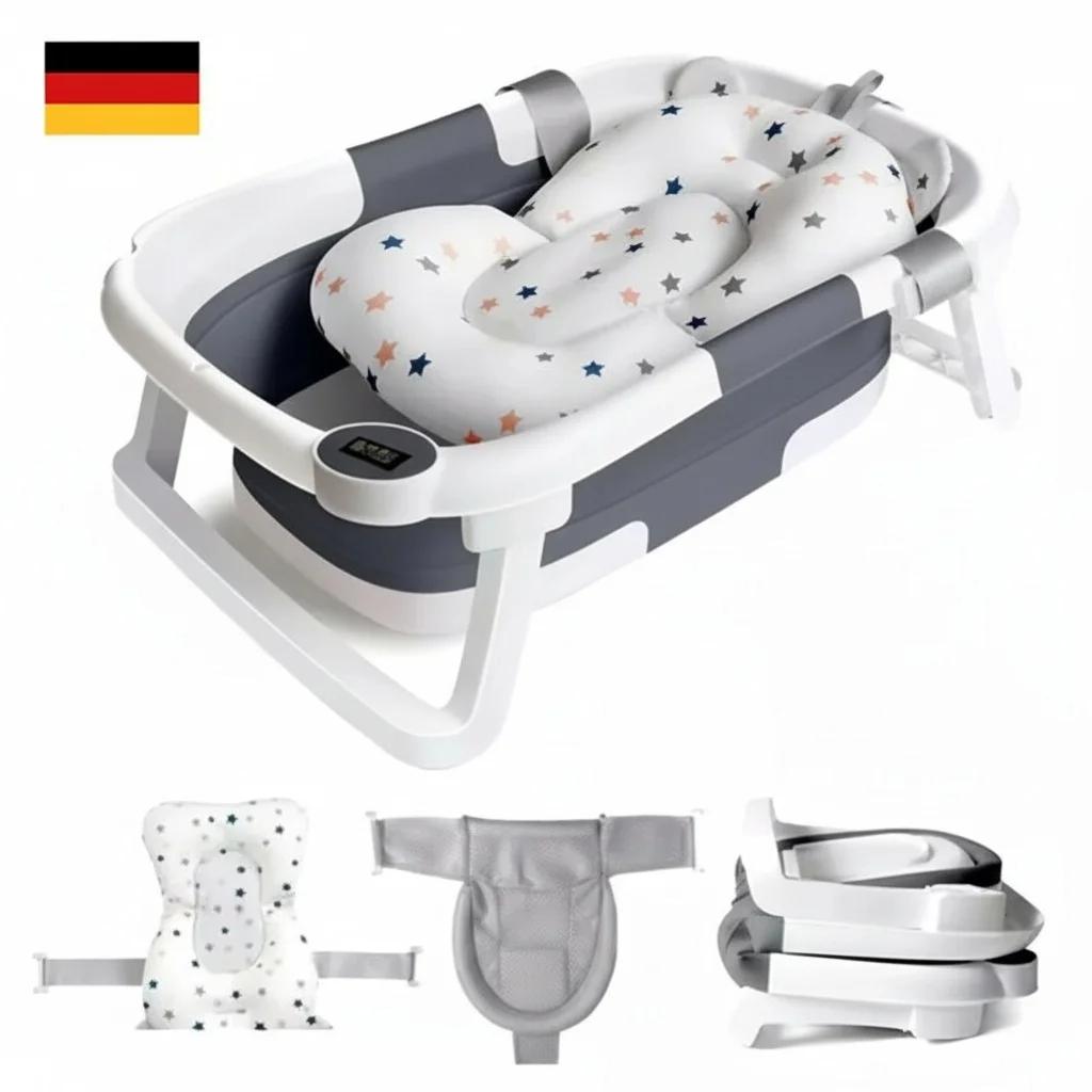 Baignoire pliable pour bébé avec capteur de température et coussin doux, en PP+TPR non toxique, bass