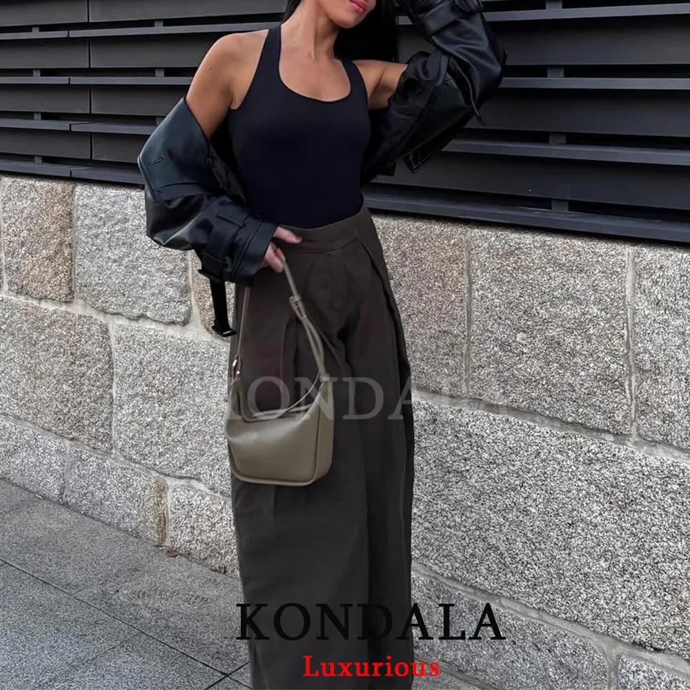KONDALA décontracté Chic pantalon à jambes larges femmes bureau dame poches plissé pantalons longs m