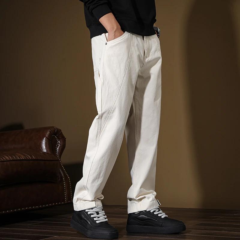 Pantalon drapé rétro américain blanc cassé pour homme, streetwear printemps/été, grande taille 40, p