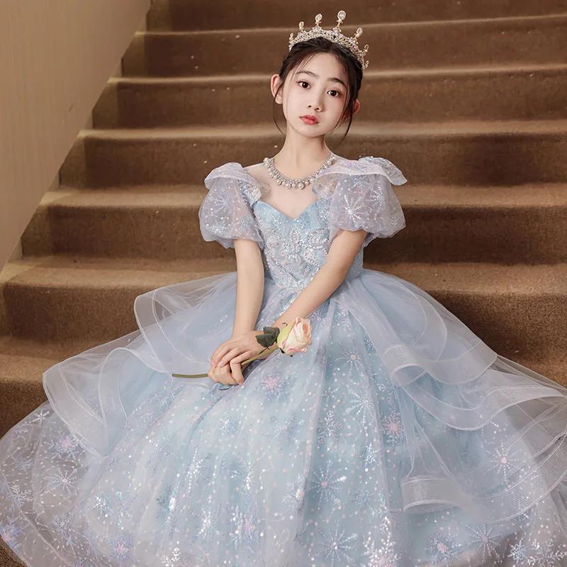 Robe de princesse bleue haut de gamme pour filles, robe de bal bouffante de luxe en Tulle, robe de s