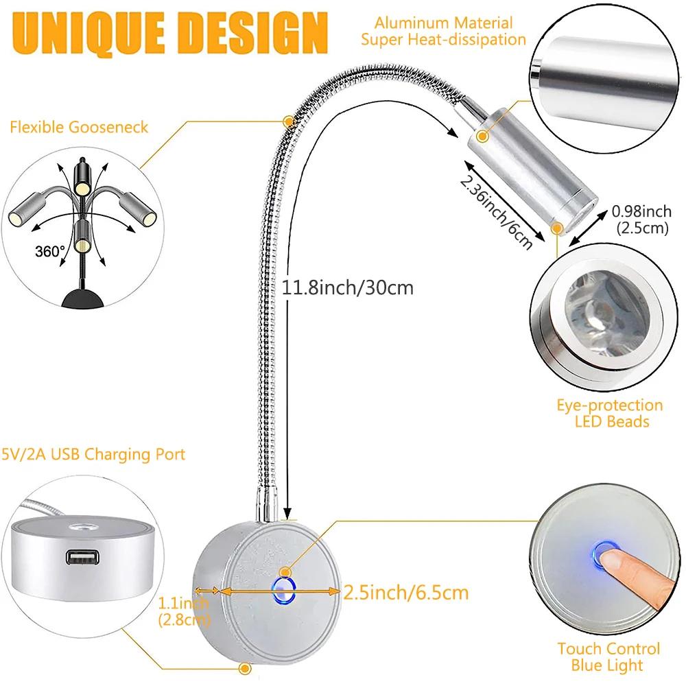 12-24V LED projecteur camping-car lampes de lecture col de cygne Flexible 3 couleurs Dimmable RV int