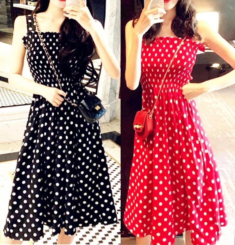 Robe longue d'été décontractée à pois vintage avec volants, élégante, en soie, à bretelles, taille 5