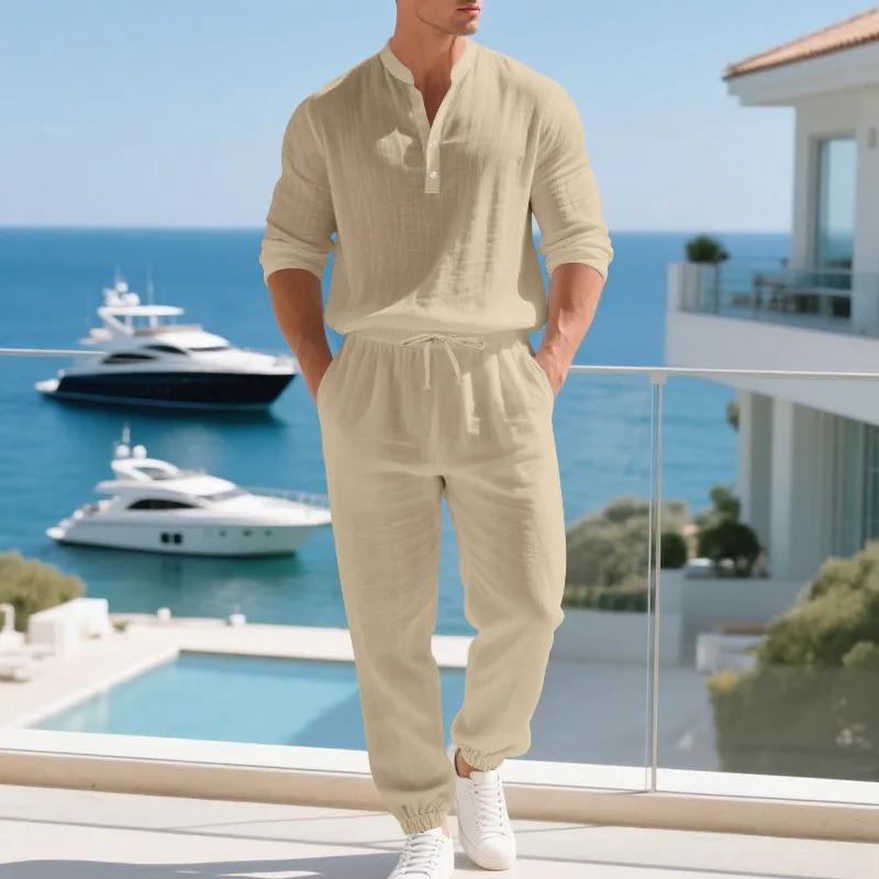 Ensemble américain en lin ample pour hommes, chemise hawaïenne fine Henry, pantalon à manches longue