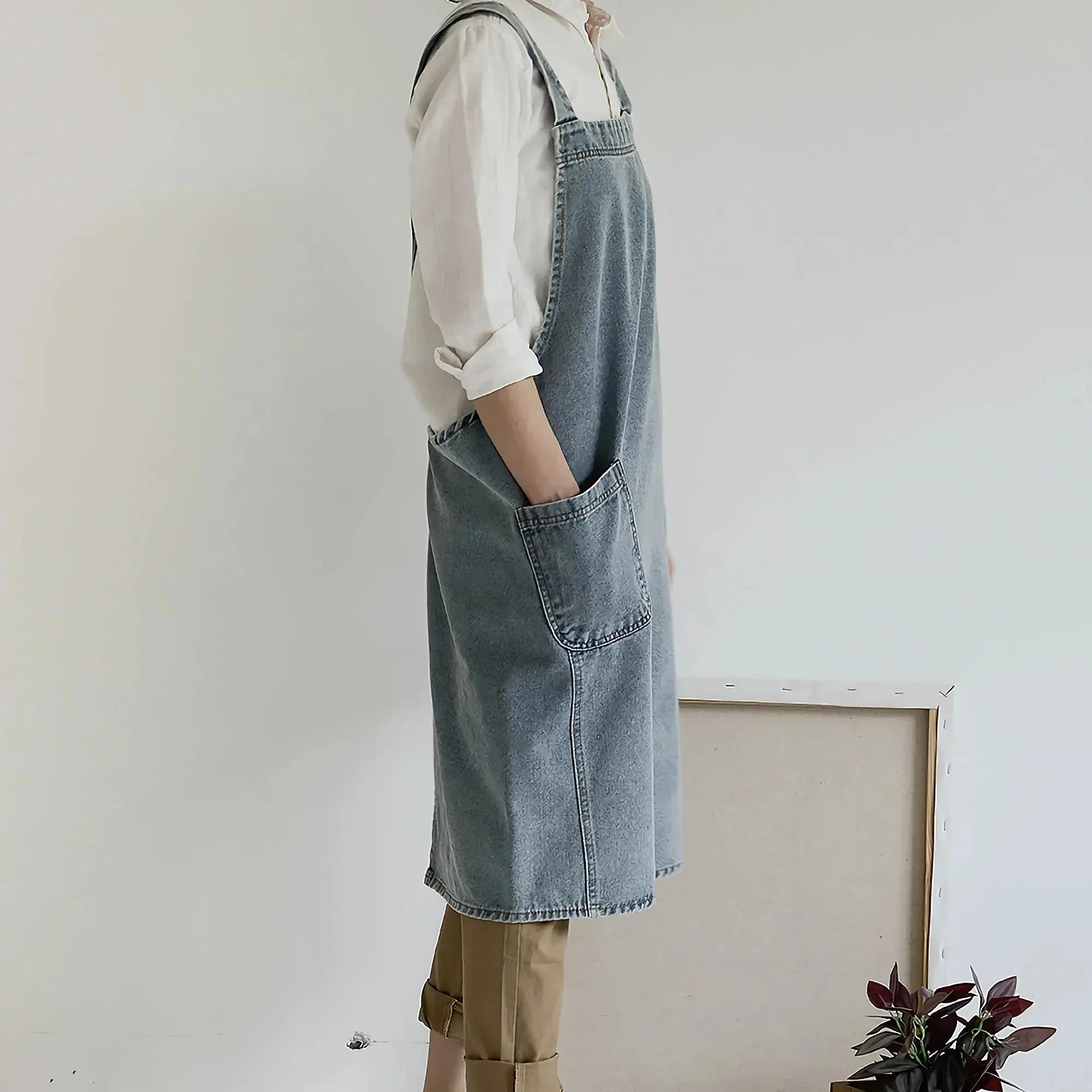 Robe coréenne en Denim pour femmes, tablier en tissu de coton, pour jardin, cuisine, cuisson, access