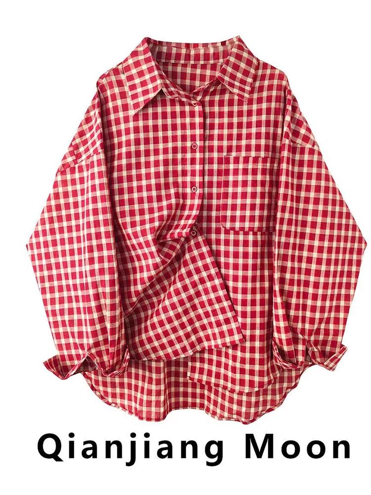 2025 Y2k automne femmes nouveau Vintage rouge Plaid col rabattu sur-chemise à manches longues Street