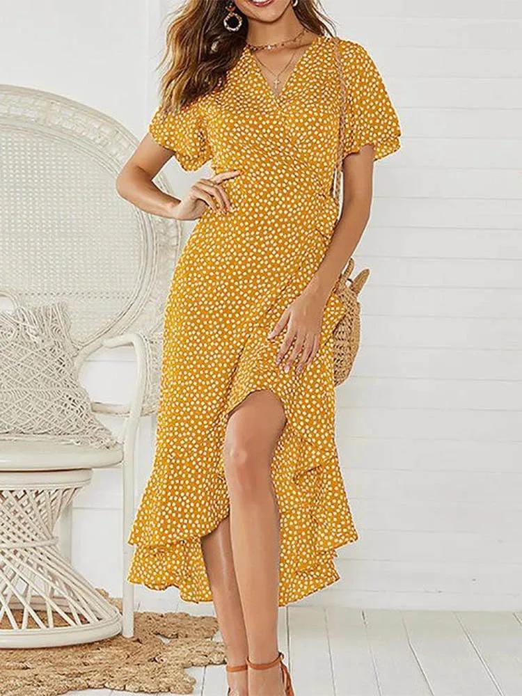 Robe longue en mousseline de soie pour femmes, imprimé floral, style boho, volants ronds, décontract