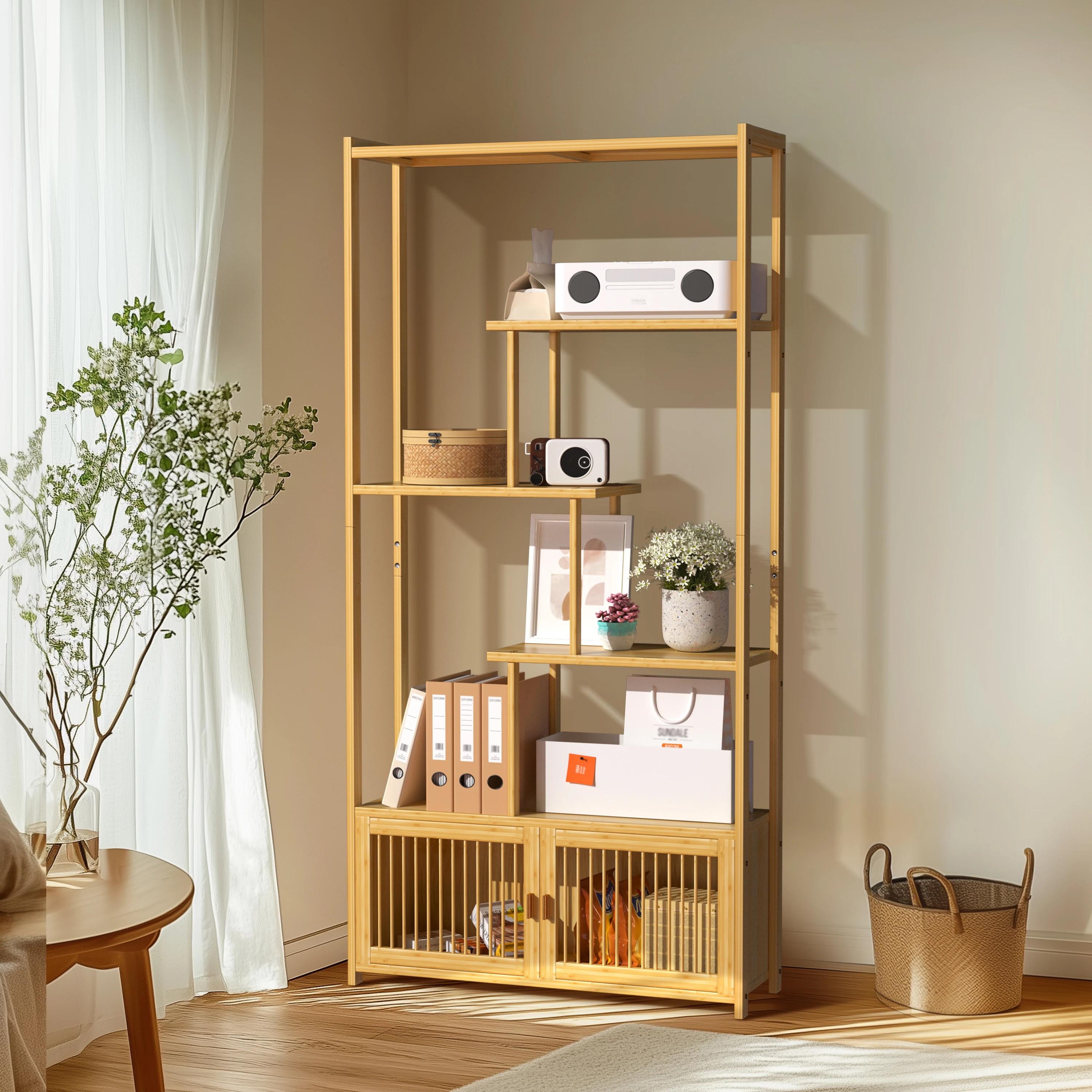 Unité de rangement en bambou T1 avec étagères hautes et basses, étagère, support de plante pour l'or