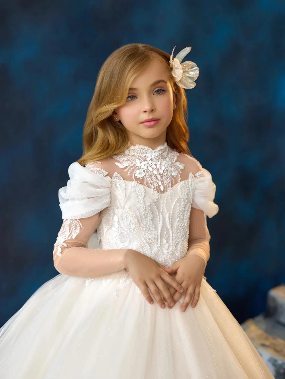 Robes blanches élégantes en dentelle pour filles, avec des Appliques de fleurs, des perles brillante