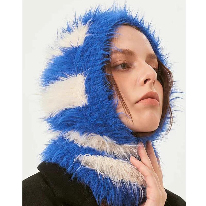 Cagoule en peluche mélangée de laine 2024, couleur contrastée, tricotée moelleuse pour femmes, prote