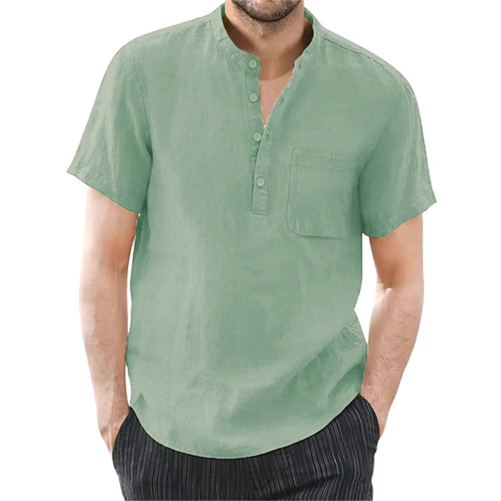 T-shirt à manches courtes pour hommes, en coton et lin, décontracté, couleur unie, chemise d'été, co