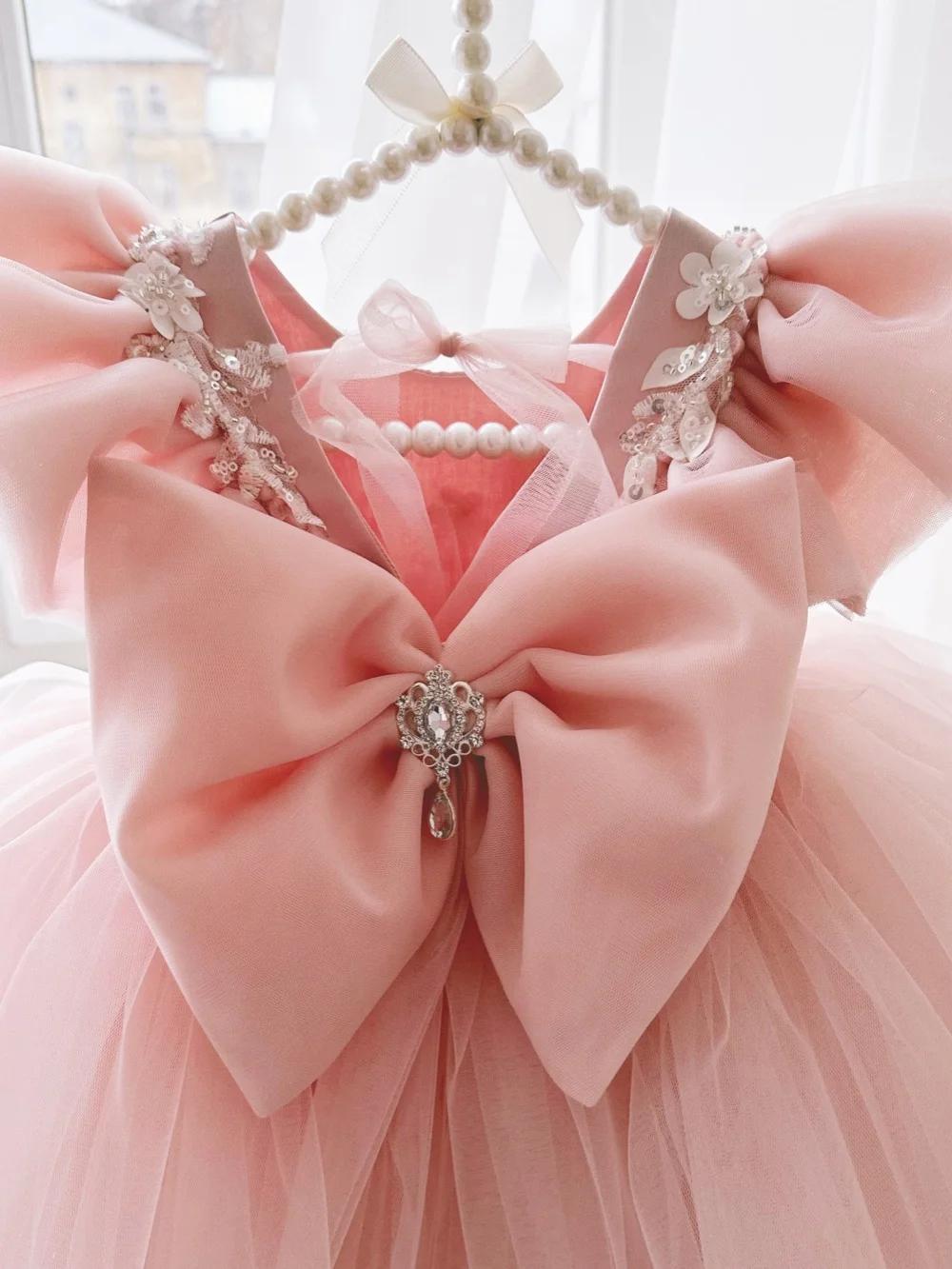 Robe d'anniversaire pour filles, avec des Appliques de perles roses, Mini robe de princesse pour enf