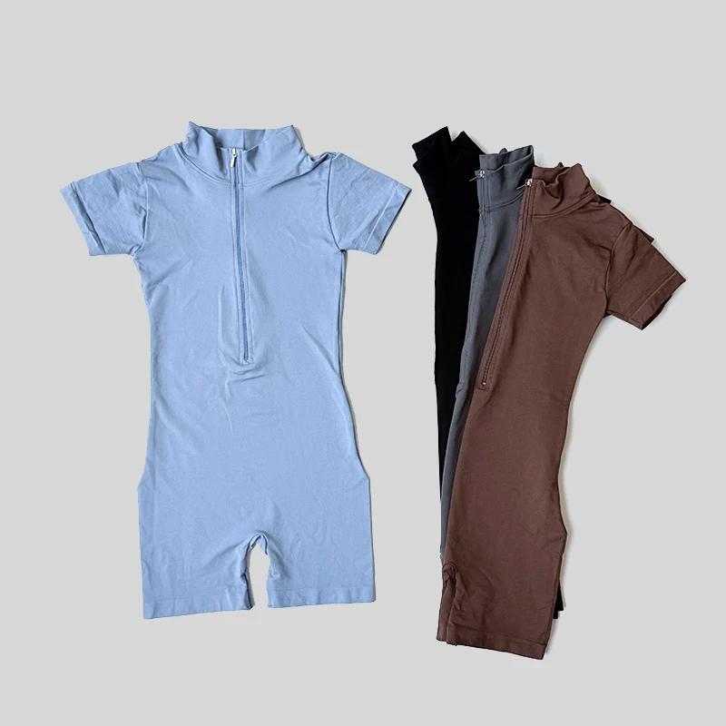 Combinaison d'été à manches courtes avec fermeture éclair, tenue de sport, Fitness, body pour femmes