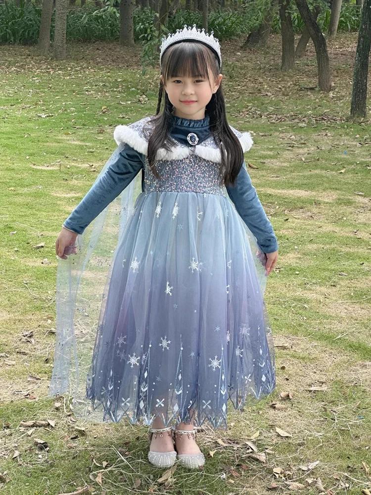 Robe princesse Elsa Reine des Neiges velours cape bleue - Costume fête filles 3 à 9 ans collection printemps