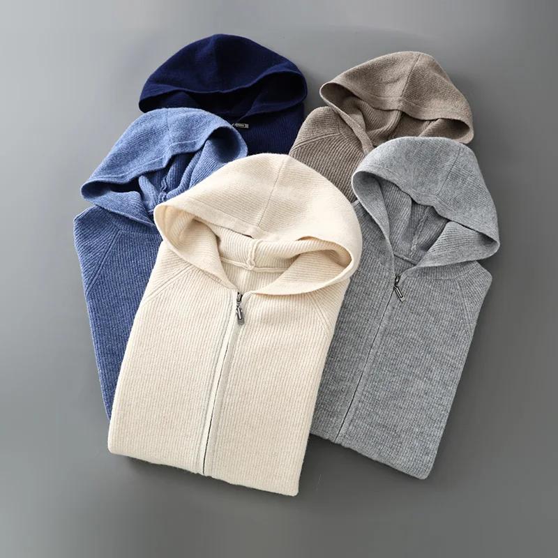 Cardigan à capuche classique pour hommes, tricoté avec aiguille Yuanbao, pull en laine australienne 