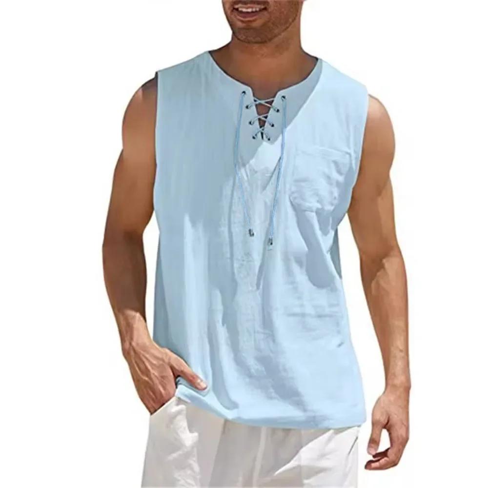 Chemises en coton et lin pour hommes, chemises à lacets rétro, chemise à col en V, précieux, chemise
