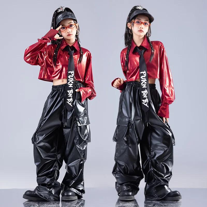Haut court rouge à manches longues, pantalon en cuir, Costume de danse Jazz, vêtements pour filles, 