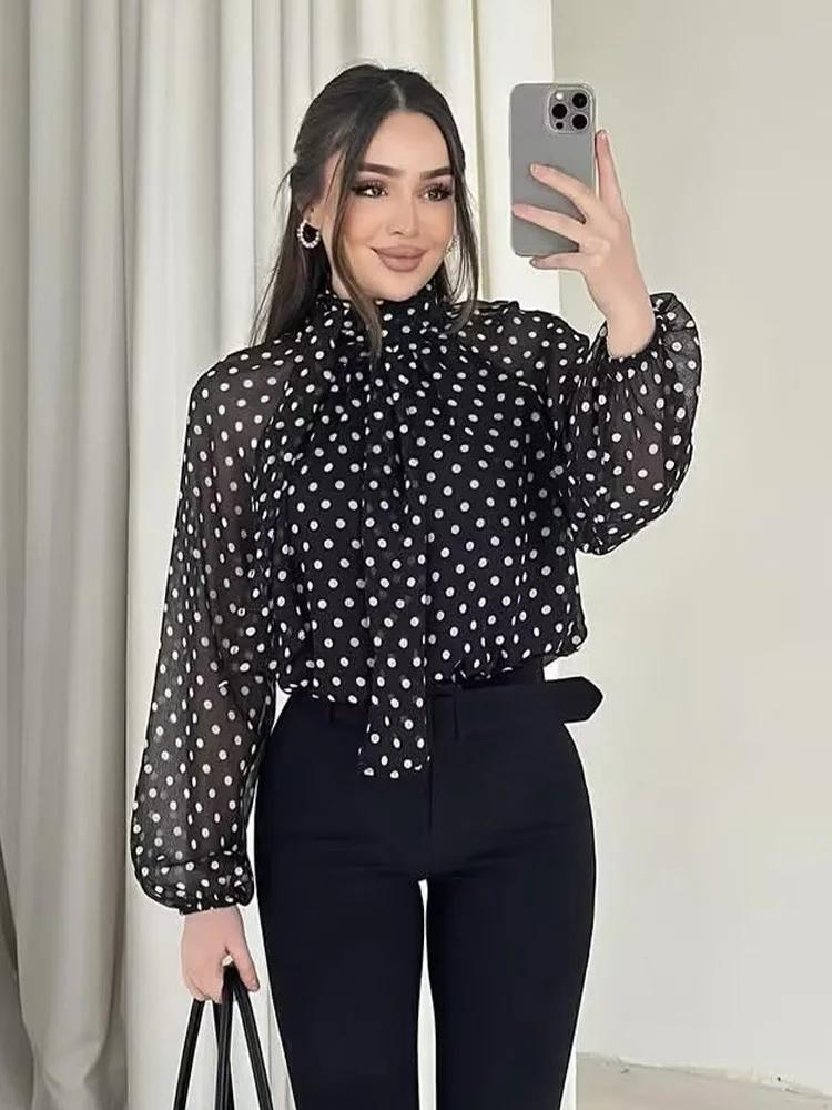 Femmes à pois imprimé Blouse décontracté col haut à manches longues dame haut Simple femmes Blouse f