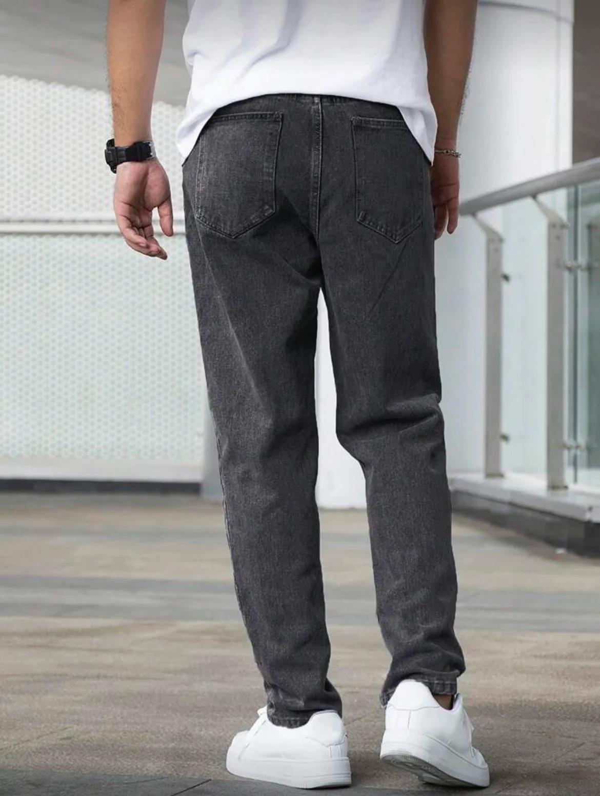 Jean droit ample pour hommes, délavé gris foncé Vintage, tenue quotidienne décontractée, confortable