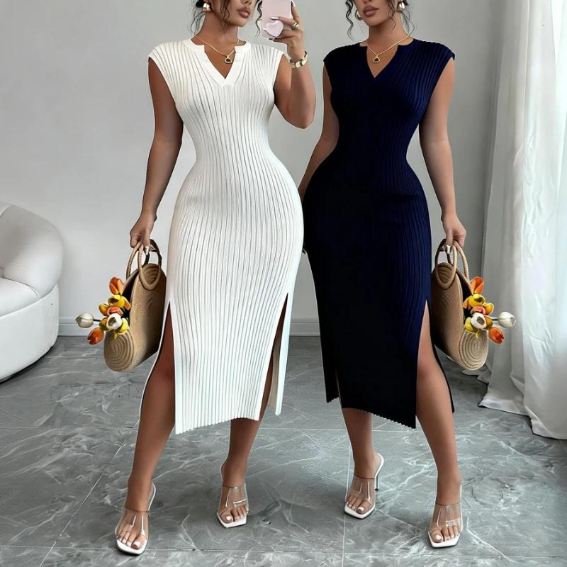 Robe longue moulante en maille blanche pour femme, col en V, sans manches, élastique, avec fente lat