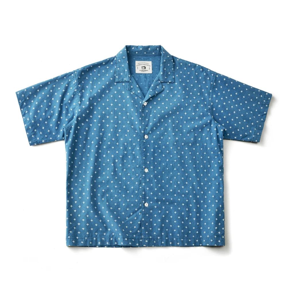 Vintage Indigo imprimé chemise hommes été nouveau bleu teint cubain revers manches courtes simple bo