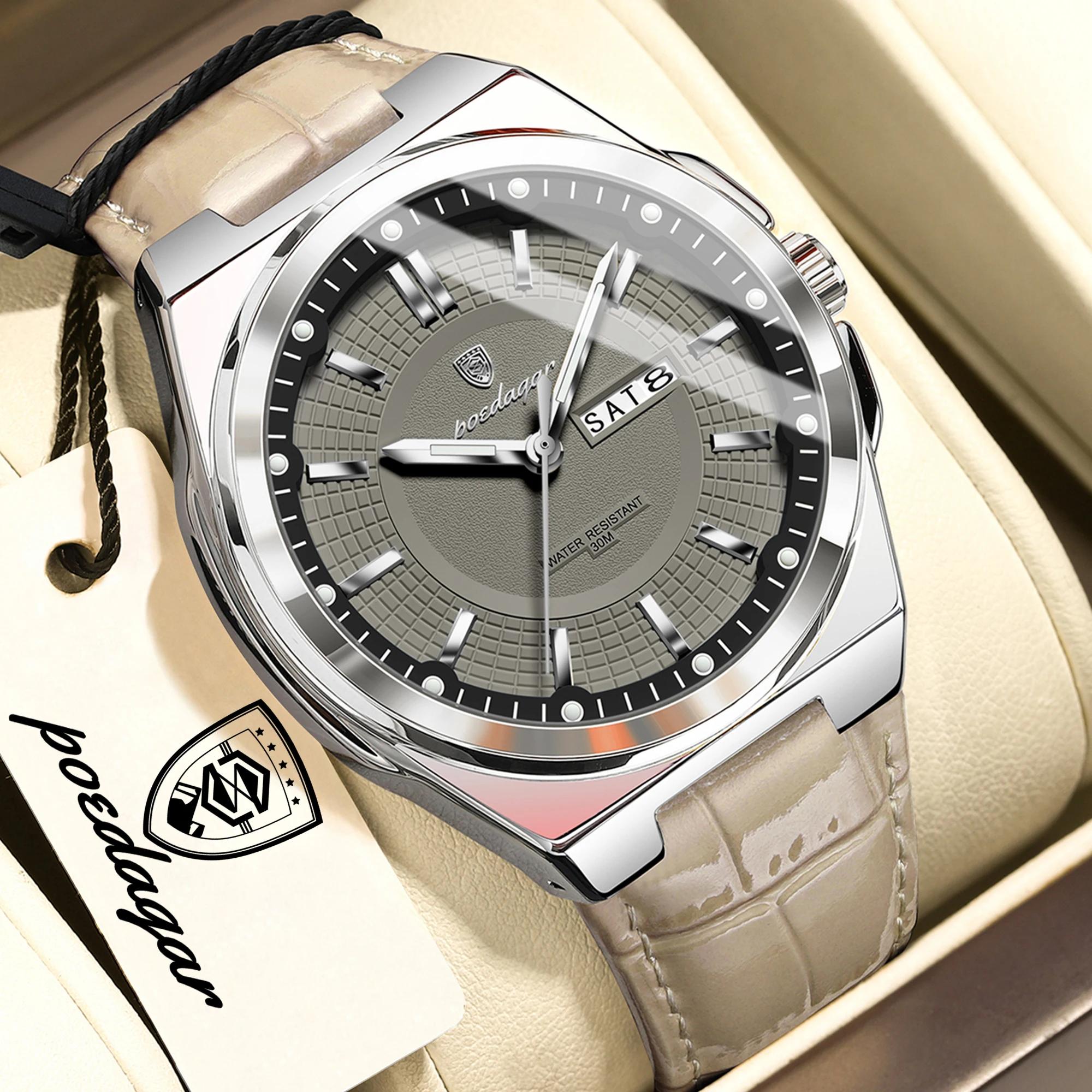 Montre homme POEDAGAR de haute qualité, étanche, lumineuse, avec date et jour, quartz, bracelet en c