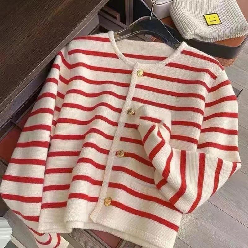 Cardigan à Rayures pour Femme, Col Rond, Simple Boutonnage, Manches sulf, Crop, Y-Fashion, Décontrac