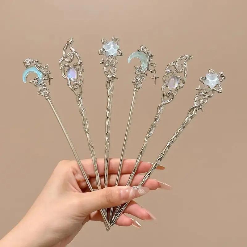 Ensemble d'épingles à cheveux en pierre de lune et étoile pour femmes, bâton de cheveux élégant en a