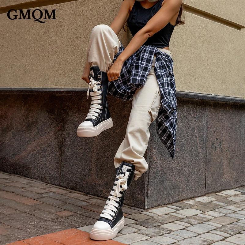 GMQM femmes bottes hautes à lacets fermeture éclair talons hauts noir plate-forme bottes bout rond s